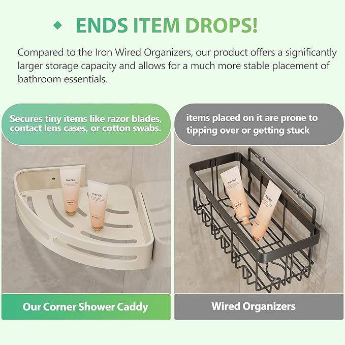 Adhesive Shower Corner Caddy,Heavy Duty Shower Corner Shelves Rack with 8 Hooks and 1 Towel Bar,Rustproof Bathroom Organizer No Drilling Wall Mounted(2-Pack-Cream)