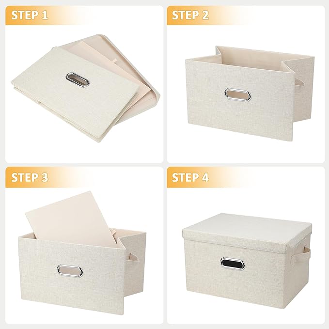 Bellzacasa Collapsible Storage Bins with Lids, 3 Pack Linen Fabric Foldable Storage Bin Cube with Handles, Toy Storage Baskets Box Closet Organizers and Storage Containers, Beige, 14.6x10.5x8.5