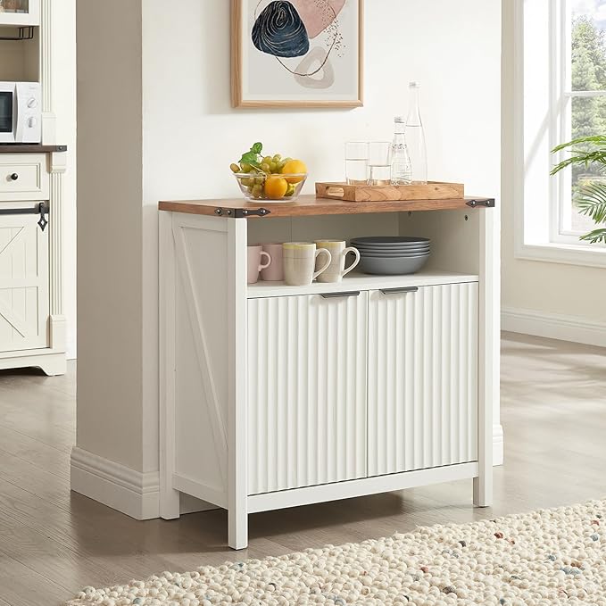 32 Inch Fluted Sideboard Buffet Cabinet with Storage, Modern Farmhouse Accent Credenza with Adjustable Shelves, Coffee Wine Bar Organizer for Kitchen, Entryway, Living Room (Antique White)