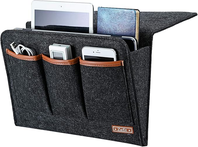Bedside Caddy, Large Size Storage Organizer with 6 Pockets for Magazine, Remotes, Phone (13.4'' x 18.1'', Dark Grey)-NeatNest