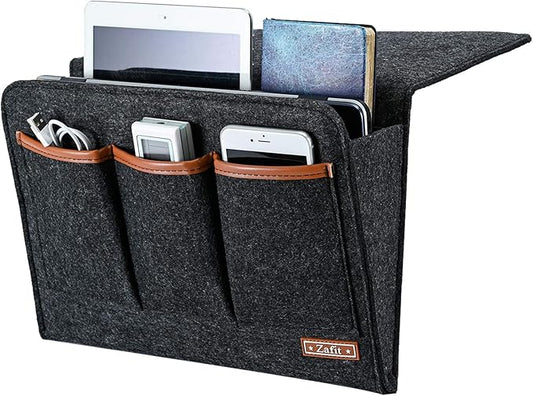 Bedside Caddy, Large Size Storage Organizer with 6 Pockets for Magazine, Remotes, Phone (13.4'' x 18.1'', Dark Grey)-NeatNest