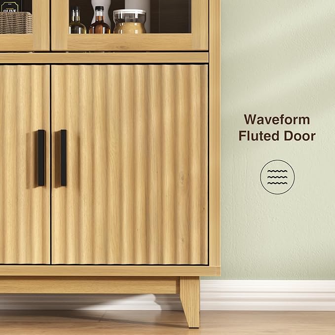 Arched Cabinet with Glass Doors, 71" Tall Fluted Galss Cabinet with Solid Wood Legs, Adjustable Shelves Accent Furniture for Living Room, Kitchen, Dining Room, Entryway, Natural