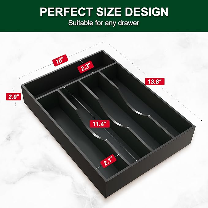 Bellsal Black Utensil Organizer 10 Inch Silverware Tray for Utensil Holder Cutlery Organizer Kitchen Drawer Organizer 5 Compartment Small Narrow Bamboo-NeatNest