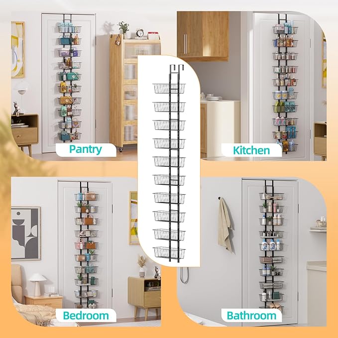 10-Tier Over The Door Organizer with Baskets - Heavy Duty Spice Rack Metal Hanging Shelf for Pantry & Kitchen | Adjustable Spice Rack, Space-Saving Hanging Storage for Bathroom, Laundry, Black