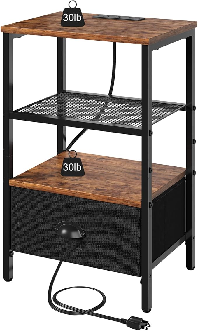 Sthmec Nightstands Set of 2, LED Bedside Tables with Charging Station and Fabric Drawer, Night Stand with Storage, 3 Tier Side Table with Open Shelf, LED Nightstands with Charging Station,Rustic Brown