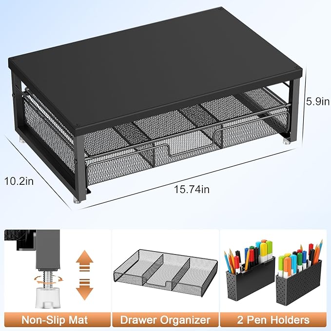 gianotter Wood Monitor Stand Riser, Office Desk Shelf Organizer, Desk Organizer with Drawer and Pen Holder, 2-Tier Computer Stand, Office Organization (Ink)-NeatNest