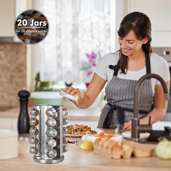 Baker Boutique Spice Rack, Spice Organizer for Countertop, Empty 20-Jars Rotating rack, Spinning flavoring Rack Shelf, Revolving Rack for Kitchen (Silver)-NeatNest