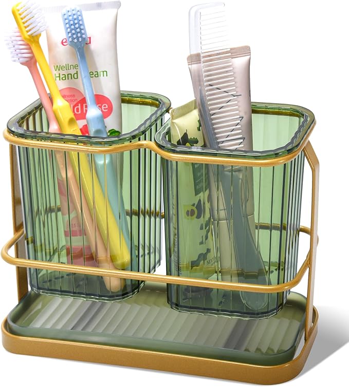 KONE Green Toothbrush Holders for Bathrooms, 2 Cups Toothbrush Holders Wall Mounted, Dry & Wet Separation, Bathroom Organizers and Storage, Bathroom Toothbrush Holder Set for Family Kids