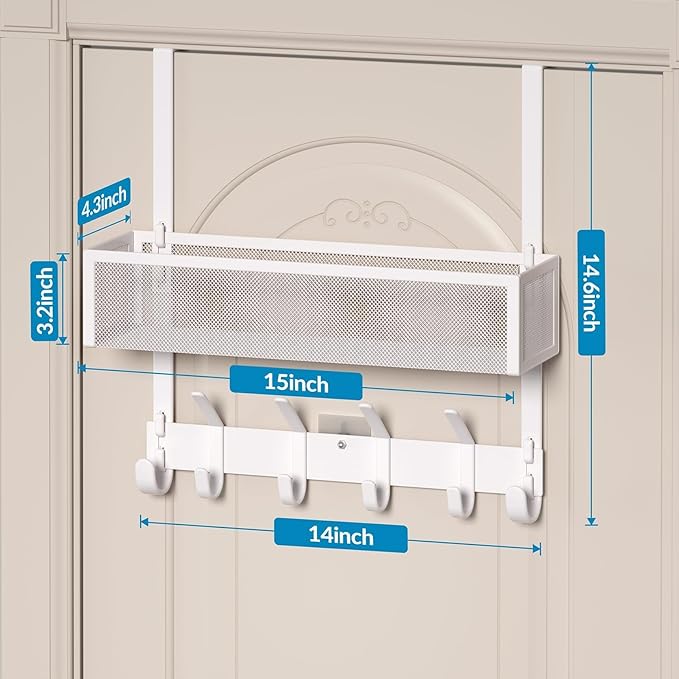 Over The Door Hooks Organizer, Over The Door Towel Rack with Mesh Basket, 10 Coat Hooks and 2 Wreath Hangers, Bathroom Door Organizer Back of Door Hanger for Bedroom, Kitchen(White)
