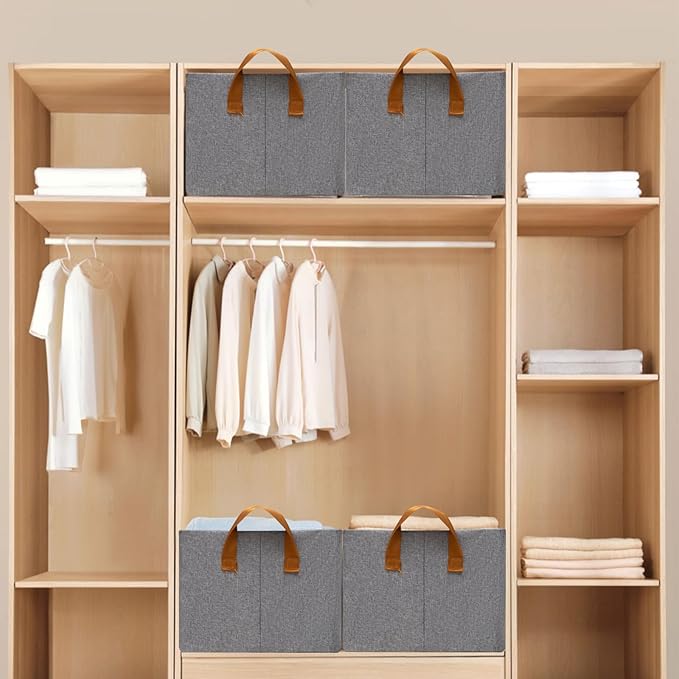4 Pack Closet Cloth Storage Bins for Shelves,Medium Storage Baskets for Shelves, Fabric Bins for Closet organization with Handles( Gray 15''L x 10.2''W x 7.5''H)-NeatNest