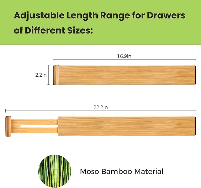 Drawer Divider, Adjustable Bamboo Kitchen Drawer Organizer, Spring Loaded Drawer Organizer, Dresser Separators for Kitchen, Bathroom, Clothes, Office Desk Storage (Natural, 4 Pack Large)-NeatNest