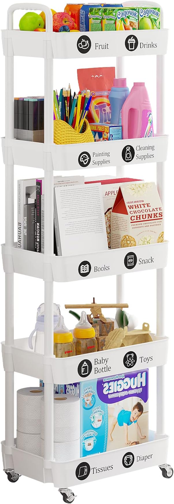 Laiensia 5-Tier Rolling Cart with Wheels,Multifunction Utility Storage carts, Kitchen Storage Organizer,Mobile Shelving Unit for Bathroom,Laundry,with Classified Stickers,White-NeatNest