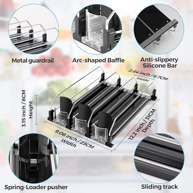Drink Dispenser for Refrigerator, Self-Pushing Soda Can Organizer for Fridge, 3 Rows has been Assembled, Automatic Can Organizer with Spring Loaded for Refrigerator Holds 12 cans, Black