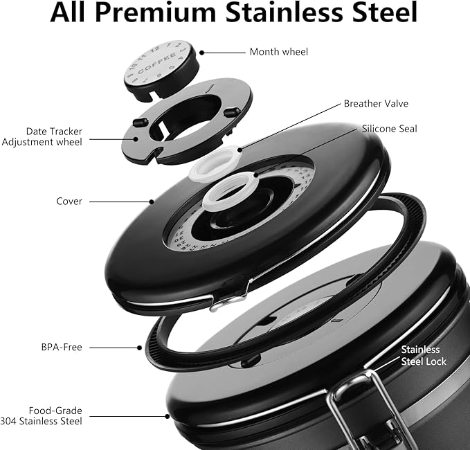 Airtight Coffee Container with CO2 Valve, Holds up to 1.5lb of Beans Stainless Steel Coffee Canister - One-Way Valve Keeps Beans Fresh, Lid, Date Tracker & Scoop, for Coffee Beans Grounds, Tea.