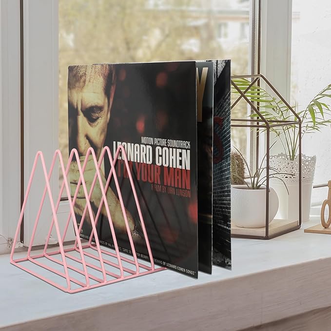EASEPRES Vinyl Record Holder Storage, 9 Slot Metal Magazine Book Album Display Rack, Stylish Triangle Desktop File Sorter Organizer for Home Office, Pink