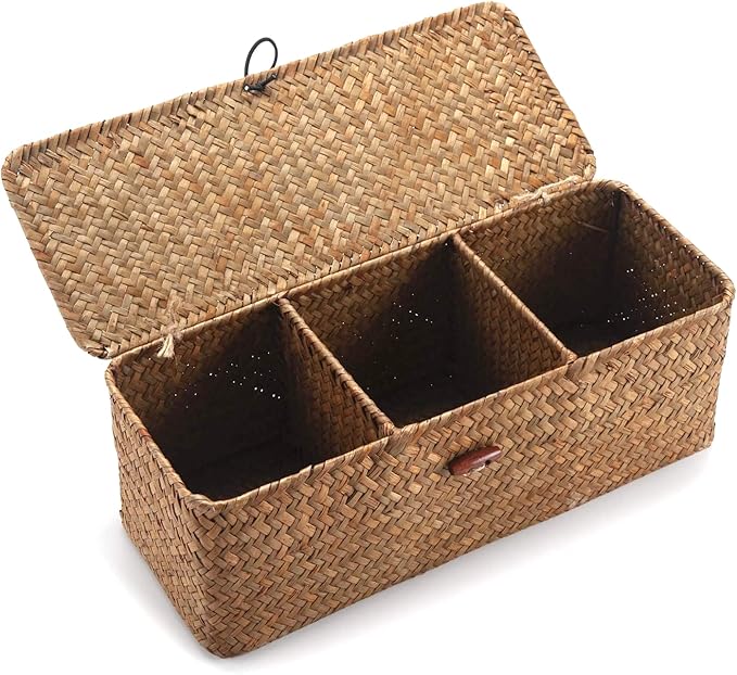DOKOT Seagrass Woven Storage Basket with Lid, Rectangular Narrow Tampon Toilet Tank Organizer
