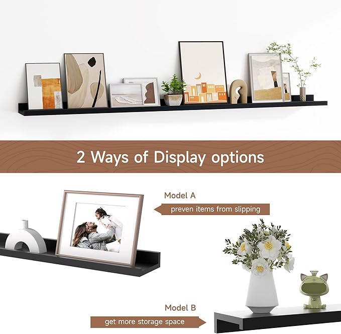 Floating Picture Ledge Shelves for Wall Set of 2, 55 Inches Picture Shelf with Ledge, Nursery Book Shelf for Toys Storage Kids Bookshelf Wall Mounted Living Room Bedroom Decor Frames, Black-NeatNest