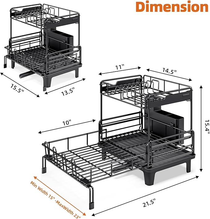 Extendable Dish Drying Rack, Multifunction Dish Rack for Kitchen Counter, Expandable Dish Drainer Over Sink, Large Dish Strainer with Cups Holder, 2 Tier Black