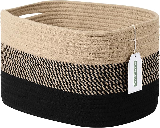 Cotton Rope Storage Basket, 15x10x9 Inches, Woven Basket for Shelves, Clothes, Toys, Towels, Books, and Laundry, Durable and Stylish, Gradient Black/Brown (1 Pack)-NeatNest