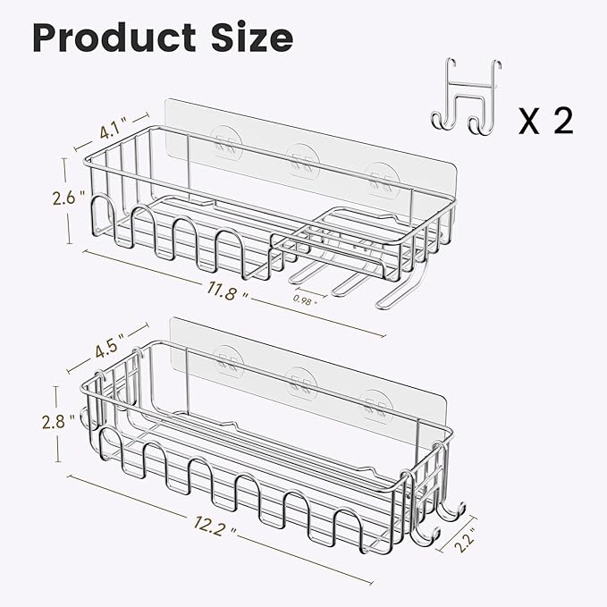 Adhesive Shower Caddy: 2 Bonus Hooks, 4-Pack Wall Mounted Bathroom Storage Shelf, Rustproof Metal Basket Organizer for Kitchen & Bathroom No Drill Silver