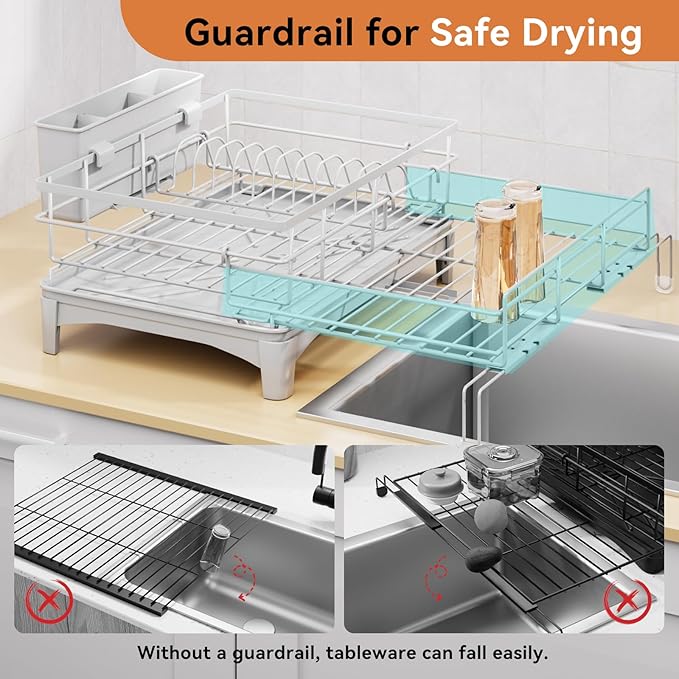 Dish Drying Rack - Expandable Rack, Large Capacity Dish Drainer for Kitchen Counter, Rust-Proof with Utensil Holder, Gray