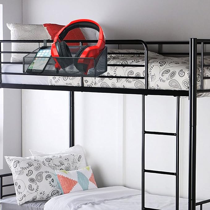 Bedside Caddy Shelf Hanging Storage Basket for Bunk Bed and Office Cubical Walls,Baby Bed Rails,College Dorm Bed Organizer - 5 Pairs Sized Hooks-for Phone Glass Magazine Decor (White)-NeatNest