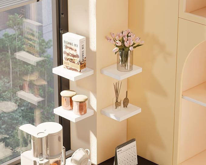 Floating Shelves for Wall – Solid Wood Square Design Wall Shelf with Hidden Brackets, Space Saving Storage & Decorative Display Shelf for Bathroom, Bedroom, Living Room & Kitchen