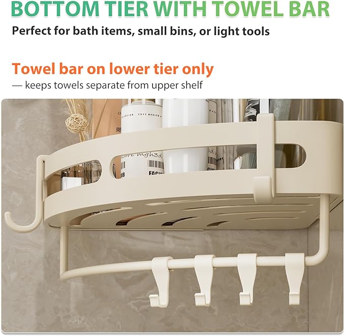 Adhesive Shower Corner Caddy,Heavy Duty Shower Corner Shelves Rack with 8 Hooks and 1 Towel Bar,Rustproof Bathroom Organizer No Drilling Wall Mounted(2-Pack-Cream)