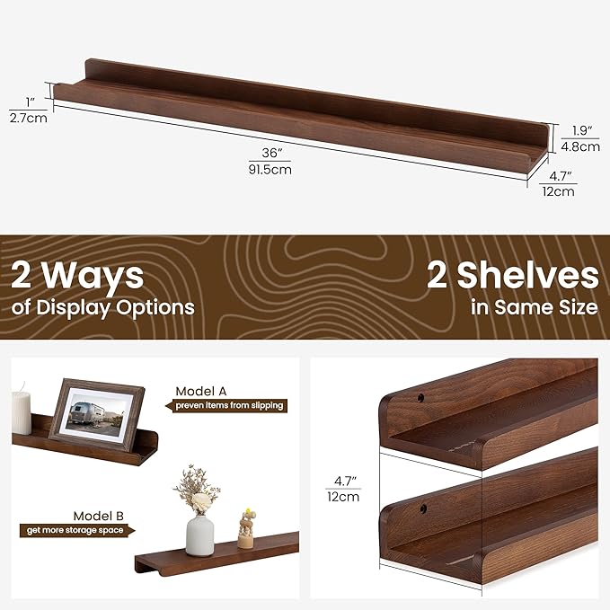 Floating Shelves for Wall 36 Inch | Picture Ledge Shelf Set of 2 | Solid Ash Wood Floating Shelves with Lip | Dark Wood Picture Shelf for Wall with Ledge | Photo Ledge Shelves-NeatNest