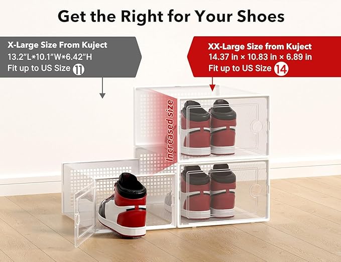 Kuject XX-Large Shoe Storage Boxes Organizers Clear Plastic Stackable 12 Pack, Shoe Rack & Holder Substitute, Sneaker Containers, Toy Storage Organizer Bins for Entryway, Closet, Under Bed, White-NeatNest