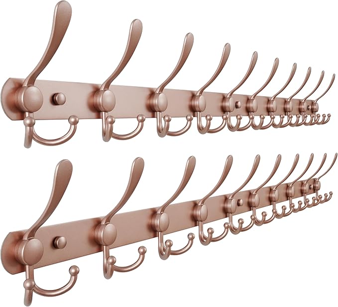 Dseap Coat Rack Wall Mount - 38” Long 10-Tri-Hooks Heavy Duty Coat Hanger Rail Wall Hooks for Hanging Coats Hats Clothing Clothes Purse Mudroom Entryway, Rose Gold, Pack of 2-NeatNest