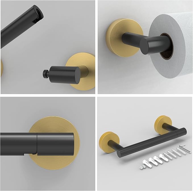 Black and Gold Toilet Paper Holder SUS304 Stainless Steel Double Post Pivoting Toilet Paper Roll Holder Wall Mounted Tissue Holder for Commercial Bathroom RV Matte Black & Brushed Brass Finish-NeatNest