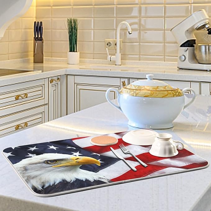 Absorbent Dish Drying Mat for Kitchen Counter - Flag Eagle American Microfiber Drying Pad, Reversible Drainer Mats for Countertop, Small 16" x 18"