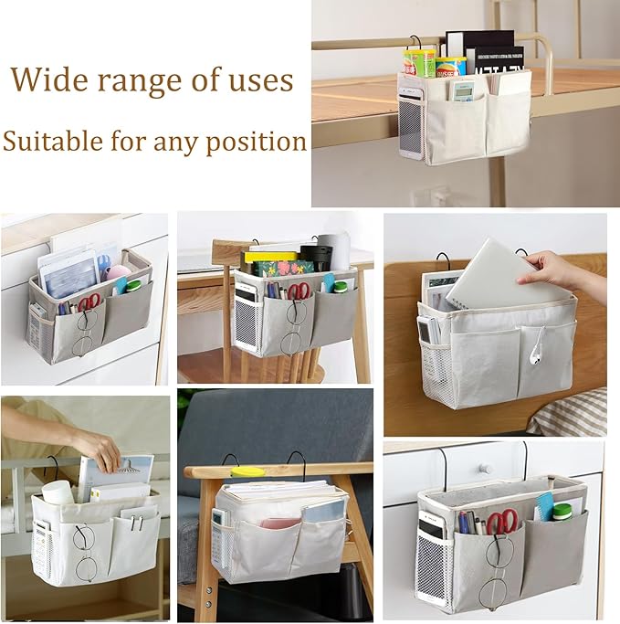 Bedside Caddy Organizer/Bedside Hanging Storage Bag Multi-Function Caddy for Bunk bed Hospital Beds Dorm Bed Rails, Holders Books Glasses Phones Magazine(White)-NeatNest