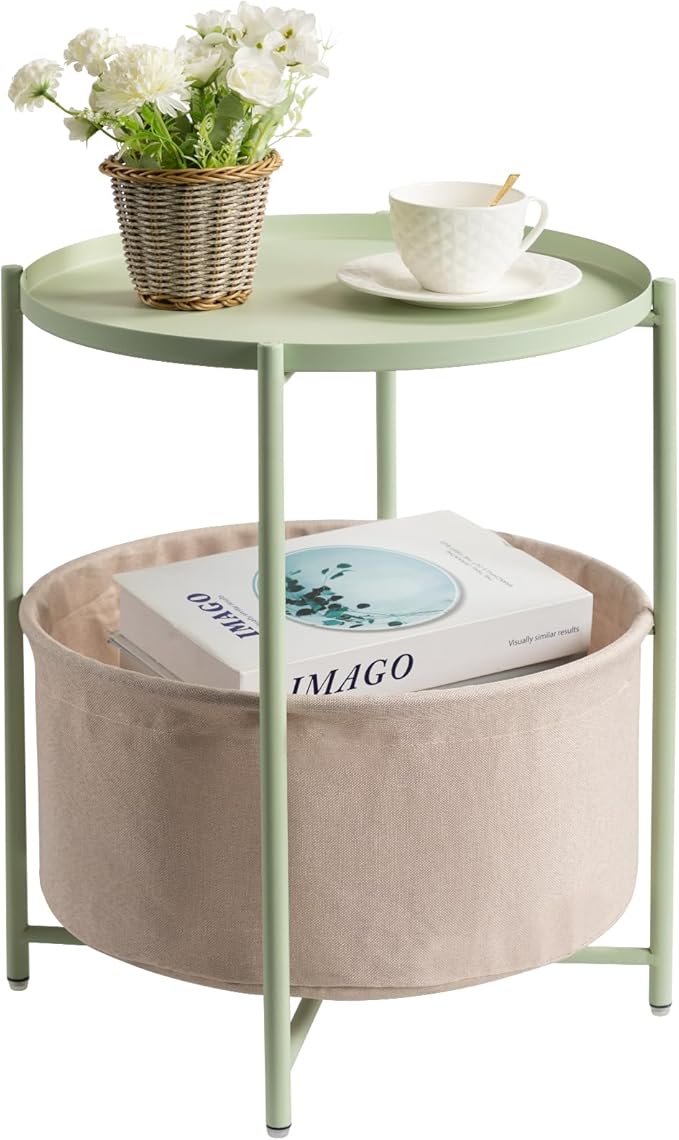 danpinera Round Side Table with Fabric Storage Basket, Metal Side Table Small Bedside Nightstand with Removable Tray Top for Living Room, Bedroom, Nursery, Laundry, Light Green-NeatNest