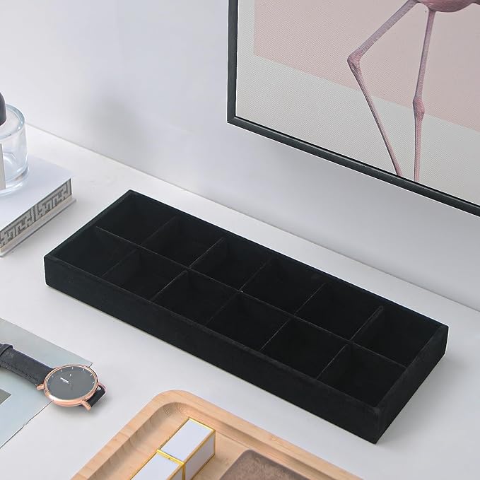 2Pcs Desk Drawer Storage Tray, Nightstand Organizer Tray, Necklace Bracelet Ring Earring Jewelry Display Tray, Grid Table Organizer Holder Tray for Sunglass, Phone, Watch, Perfume (12 grid)/Black-NeatNest