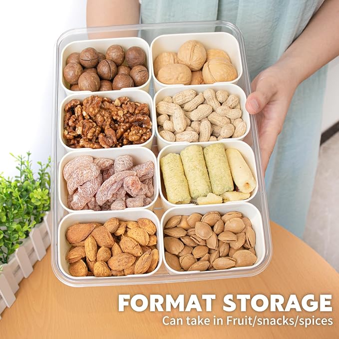 Divided Serving Tray with Lid and Handle,8 Compartments Snacks Box,Snack Fruit Tray,Veggie Tray,Portable Platter for Candy Fruits Nuts Snack Party Entertaining Picnic(2 PCS)-NeatNest