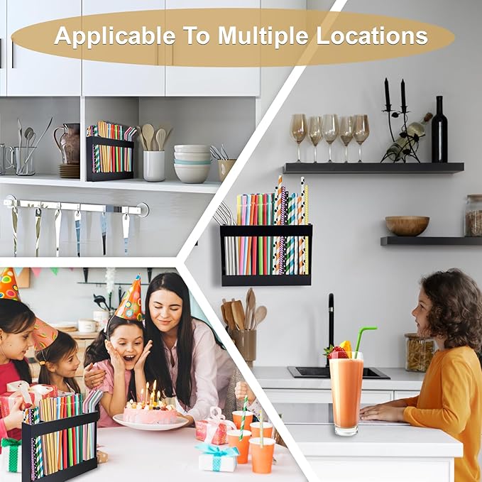 Acrylic Straw Holder Dispenser with Double Sided Adhesive Tape Reusable Tumbler Lid Straw Organizer Storage Container for Counter Cabinet Cupboard Kitce (Black)