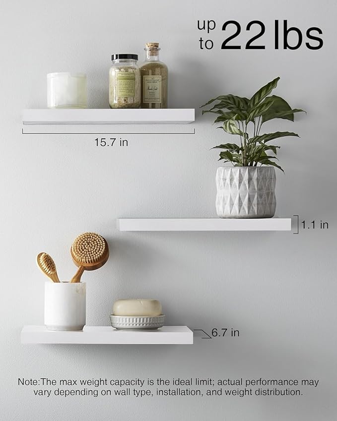 BAYKA Floating Shelves for Wall โ Rustic Wood Wall Shelves with Metal Brackets for Bathroom, Bedroom, Kitchen, or Living Room Decor Organization โ White, Set of 3, Sturdy Storage with 22lb Capacity-NeatNest