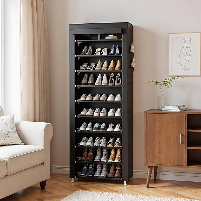 UDEAR 10-Tier Free Standing Shoe Rack Sturdy Shoe Rack Organizer for Closet Entryway Stackable Shoe Shelf with Dustproof Cover,Black-NeatNest