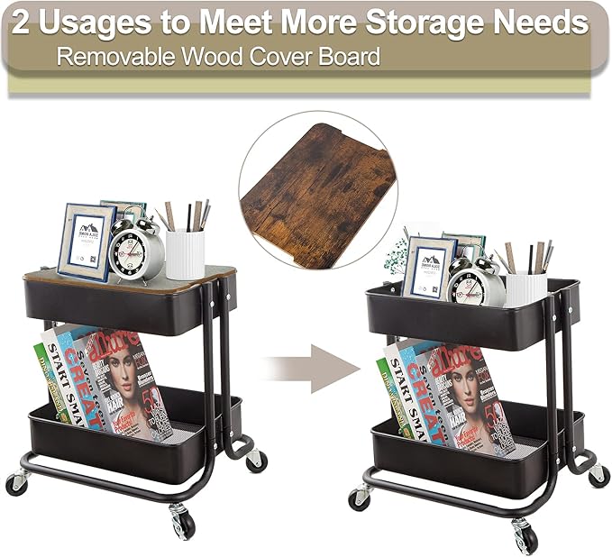 Melody House 2 Tier Metal Utility Rolling Cart Storage Organizer with Cover Board, Mobile Trolley Sofa Side Table with Wheels for Office Home Kitchen Organization, Black