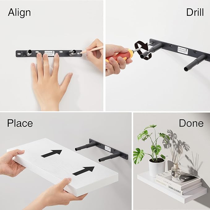 BAYKA Floating Shelves for Wall โ Rustic Wood Wall Shelves with Metal Brackets for Bathroom, Bedroom, Kitchen, or Living Room Decor Organization โ White, Set of 3, Sturdy Storage with 22lb Capacity-NeatNest