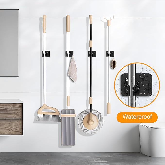 4 Pack Stainless Steel Broom Holder Wall Mount with Hook, Screw Drilling Broom and Mop Organizer Wall Hanging, Heavy Duty Storage Rack for Laundry Garage Closet Garden Tool Organizer, Black-NeatNest