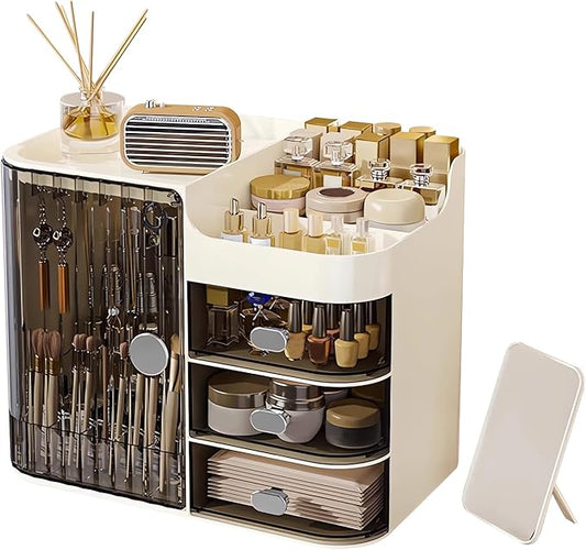 DASITON Makeup Organizer for Vanity,Large Capacity Makeup Storage Organizer with 3-Layer Drawers and Mirror,Cosmetics Display Case Make up Organizers for Vanity,Bedroom,Countertop(Black-Cream)-NeatNest