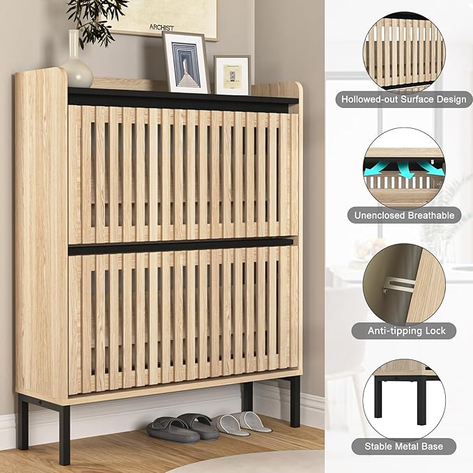 Vibe & Dine 2 Flip Drawer Shoe Cabinet, Narrow Shoe Organizer with Metal Legs, Freestanding Shoe Storage Cabinet for Entryway Slim, Wood Shoe Rack Cabinet for Hallway, Bedroom-NeatNest