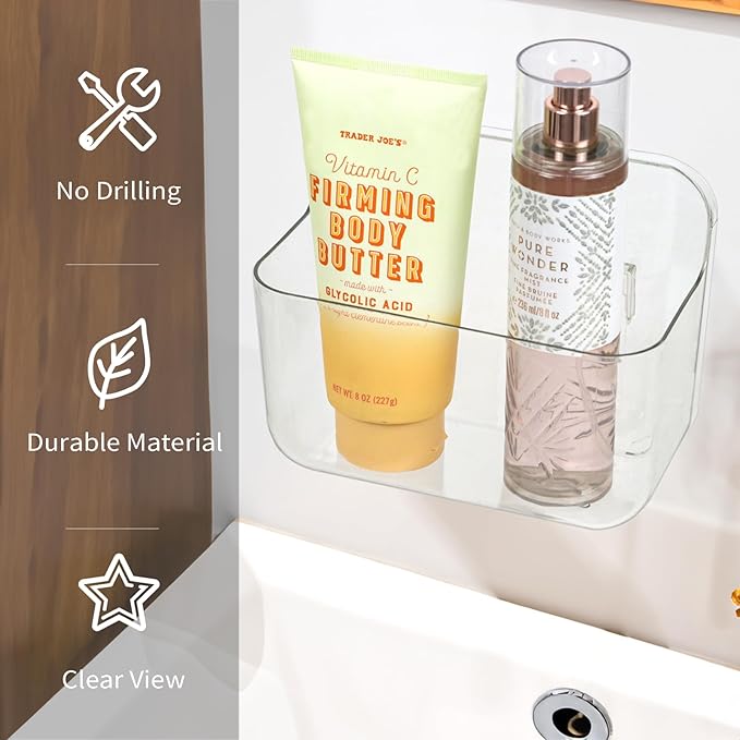 Wall Mounted Storage Organizer Bins Organizing Shelf Basket Clear Plastic Makeup Organizer Adhesive Hanging Bin Fridge Organizer for Bathroom,Kitchen,Cabinet,Pantry,Countertops (L(7×3.9×5.5"))-NeatNest