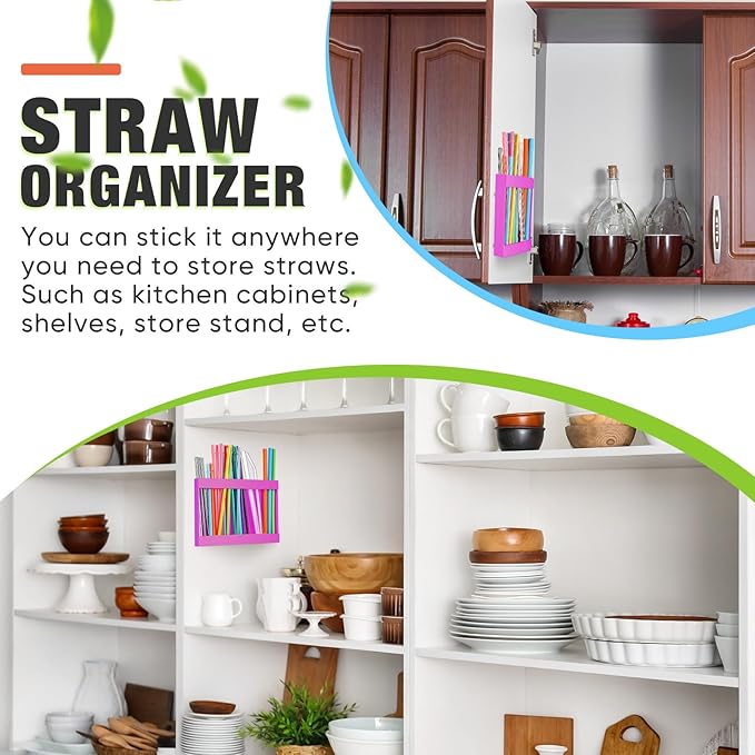 Acrylic Straw Holder for Cabinet Door with Double Sided Adhesive Tape Reusable Straw Organizer Tumbler Storage Kitchen Accessories Container for Counter Cupboard(Classic,Large,Hot Pink)