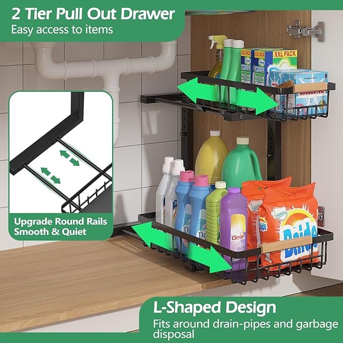 ADRIMER Under Sink Organizer 2 Packs, Pull Out Kitchen Sink Organizer, 2 Tier Slide Out Kitchen Organizers and Storage Bathroom Under Cabinet Storage Shelf, Black-NeatNest