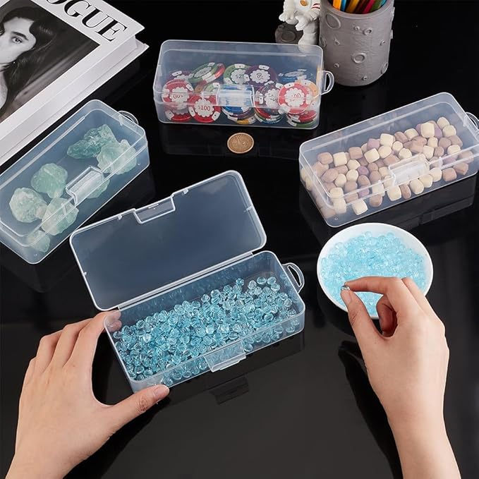 BENECREAT 4 Packs Rectangle Plastic Container Box, 7x3x1.8inch Clear Storage Organizer with Hinged Lid and Hanging Hole for Small Craft Accessories Office Supplies-NeatNest