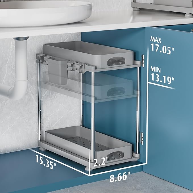 2 Pack Adjustable Gray Under Sink Organizers, 2 Tier Pull Out Storage, Kitchen Bathroom Office Laundry Room Living Room-NeatNest